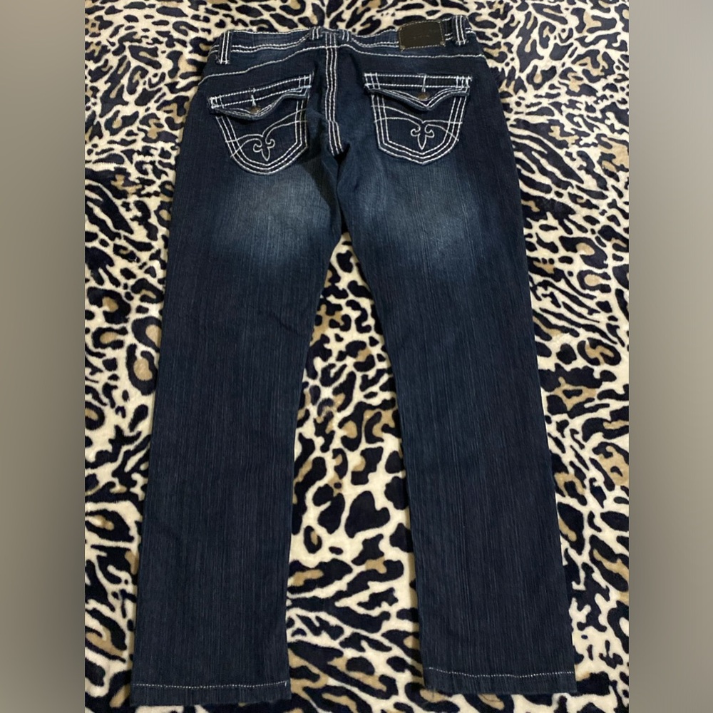 Red Rivet Dark Blue Straight Leg Jeans with White Contrast Stitching